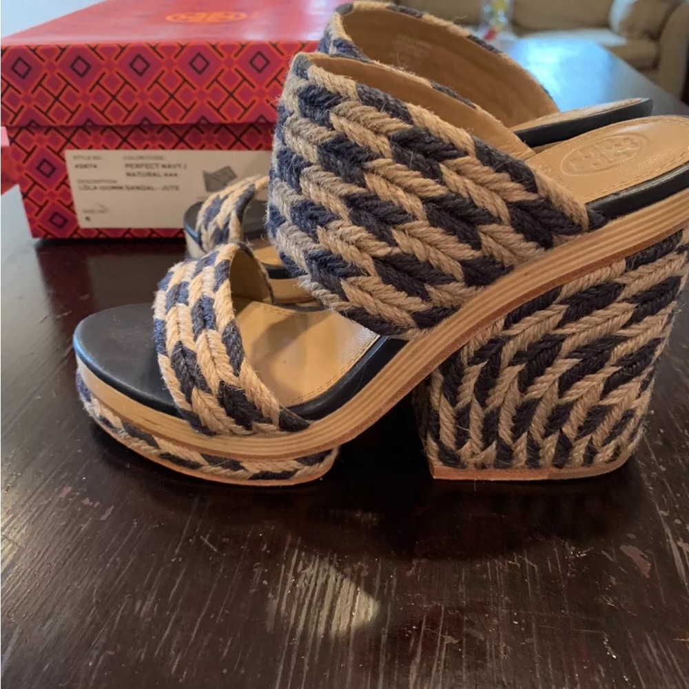 Tory Burch Blue and Cream woven Platform Shoes US size 8